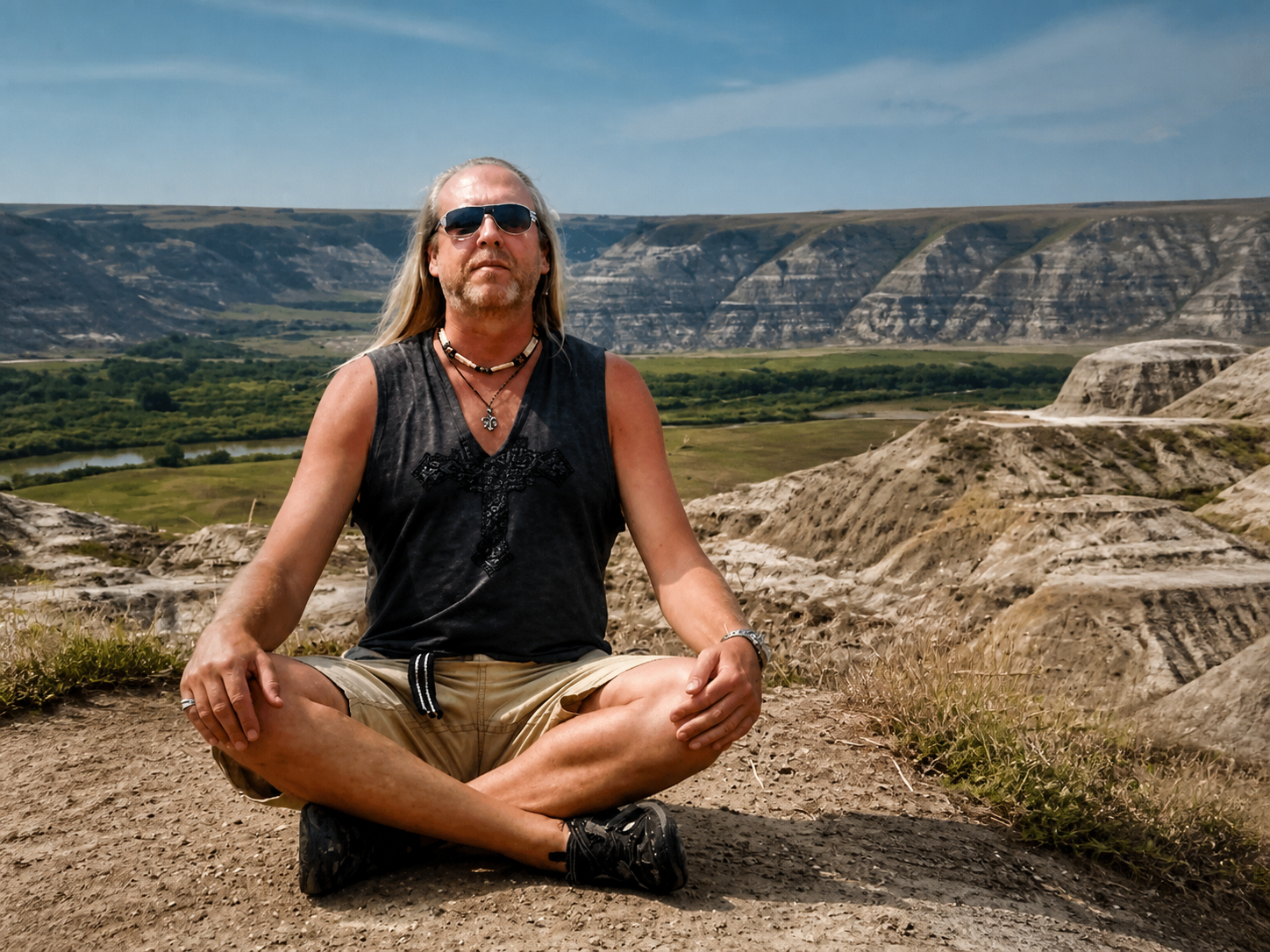 Russ Littau seated cross-legged in the Badlands