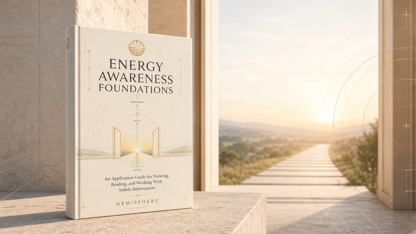 Energy Awareness Foundations book standing beside an open threshold and sunlit path