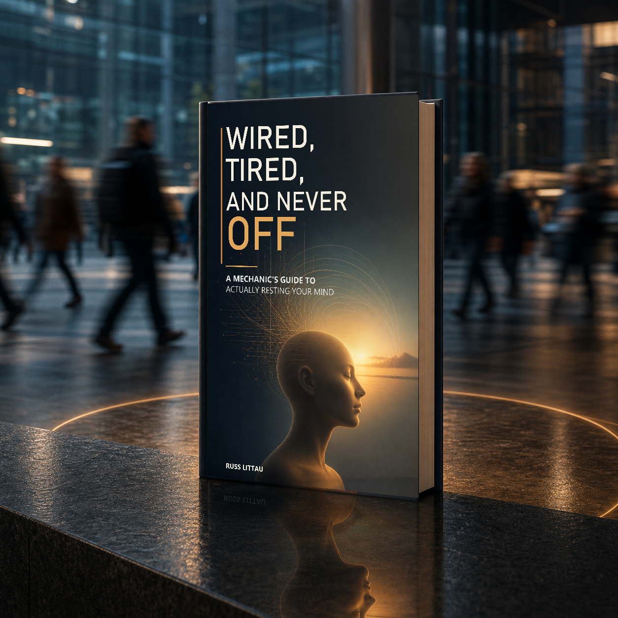 Wired, Tired, and Never Off book in a busy city concourse, surrounded by a circle of calm light