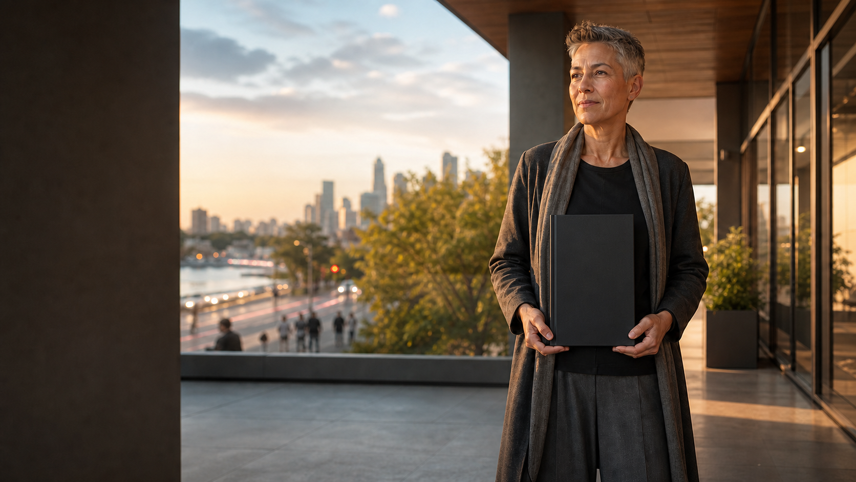 A calm person standing above a moving city while holding Taking Back Control